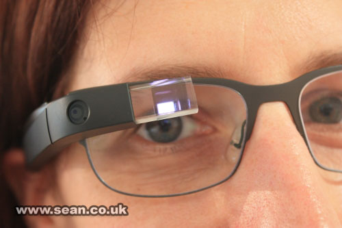 A close-up of a Google Glass in use