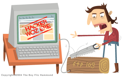 cartoon showing hacker sawing a log labelled FTP log