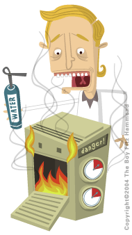 cartoon of a server bursting into flames