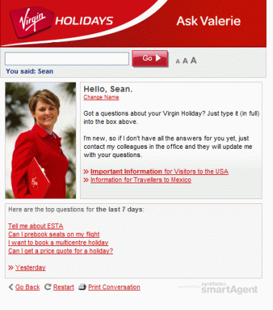 Screenshot of Virgin Holidays virtual assistant