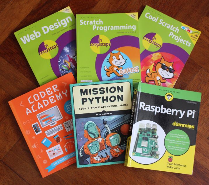 a photo showing six of my books on web design, Scratch, Python and Raspberry Pi