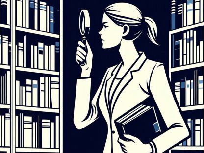 An illustration of a woman looking at shelves of library books with a magnifying glass