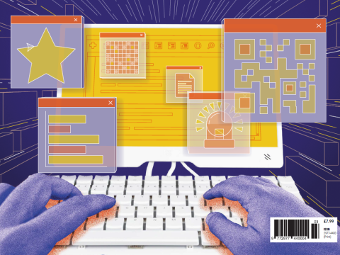Illustration of computer screen with graphs and art coming out of it on windows.