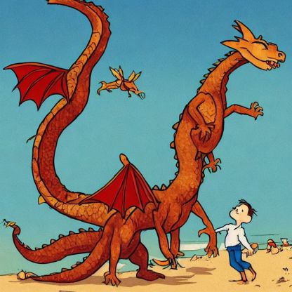A boy holding hands with a very tall dragon, which has a strange body shape with extra limbs and a wing on its tail.
