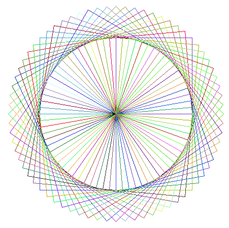 A circle of overlapping squares, drawn with the Python turtle